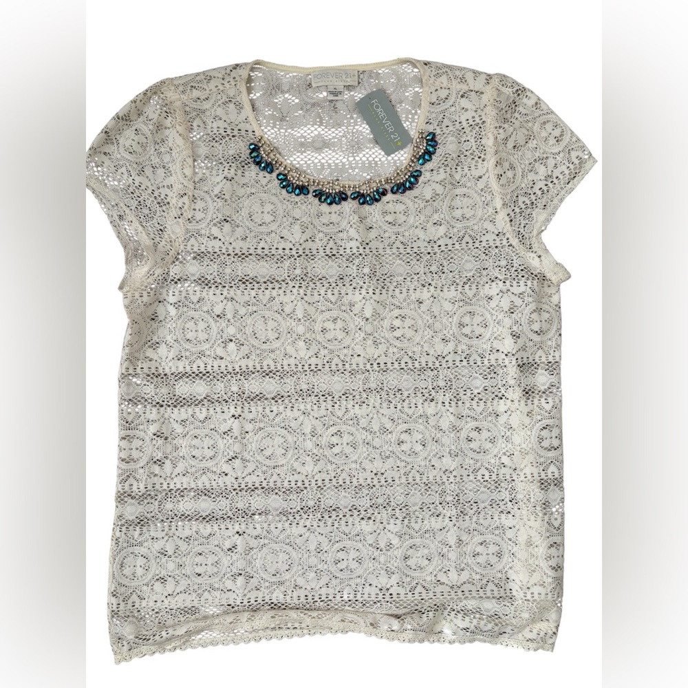 NWT Forever 21 Cream Colored Lace Blouse with Blue and silver jeweled Neckline